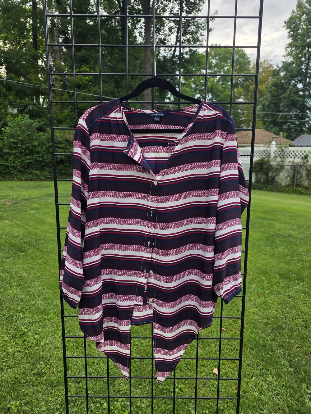 Tommy Hilfiger Striped V-Neck Button Front Tunic - Pink & Black